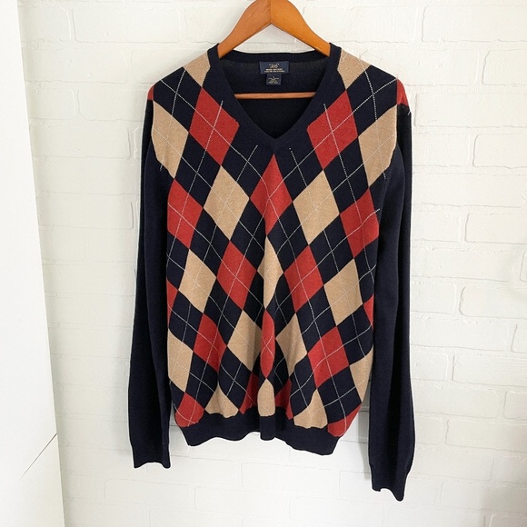 346 Brooks Brothers Men’s Knit Sweater Merino wool Argyle Navy blue Tan Orange L - Picture 1 of 11